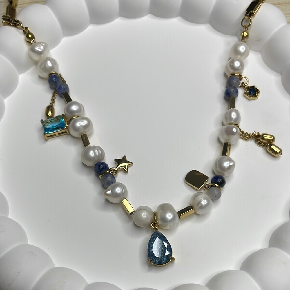 Elegant Gold and Blue Pearl Necklace